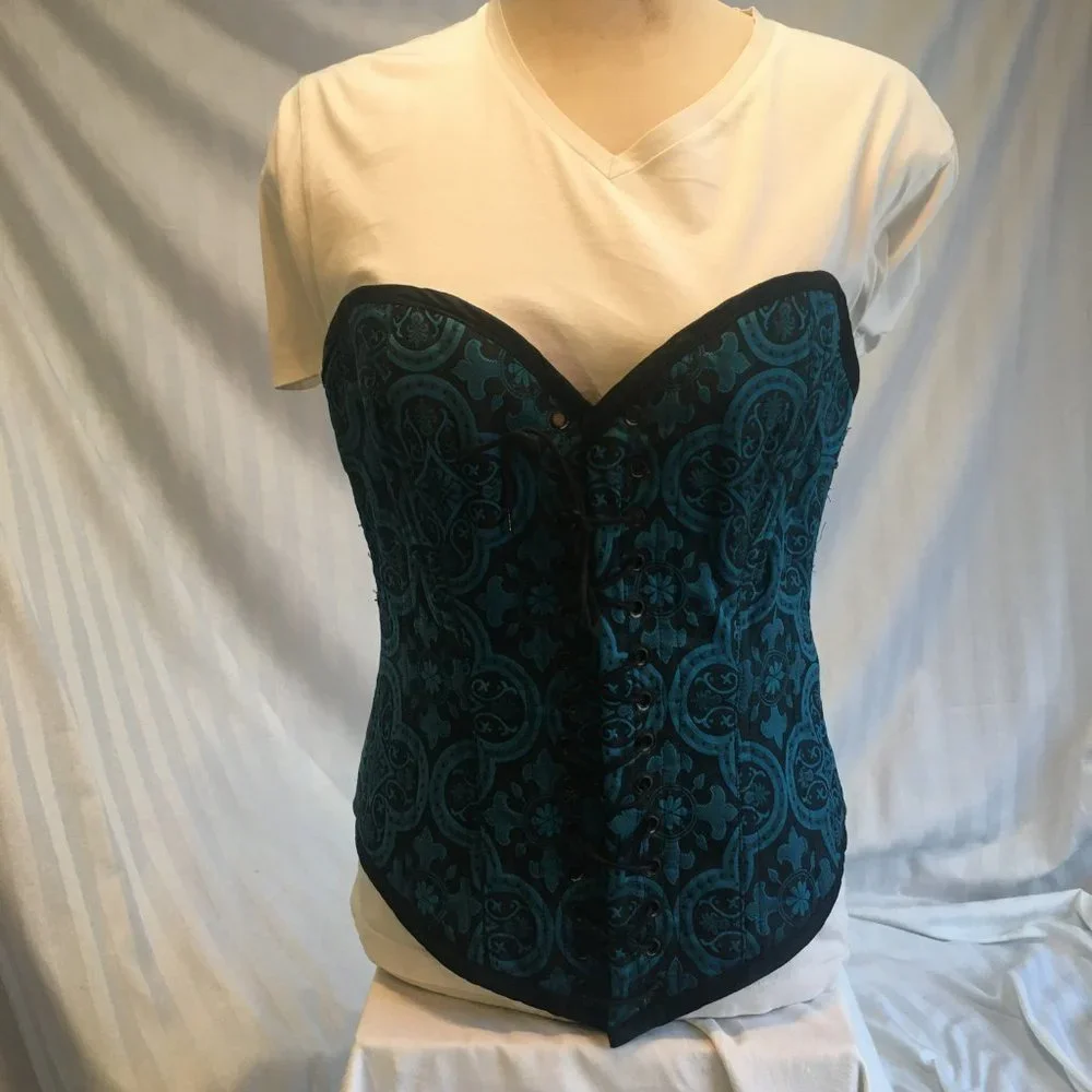 Brocade Reversible Blue Purple Steel Boned Waist Training Shaper Corset Sz Lg - Picture 2 of 16